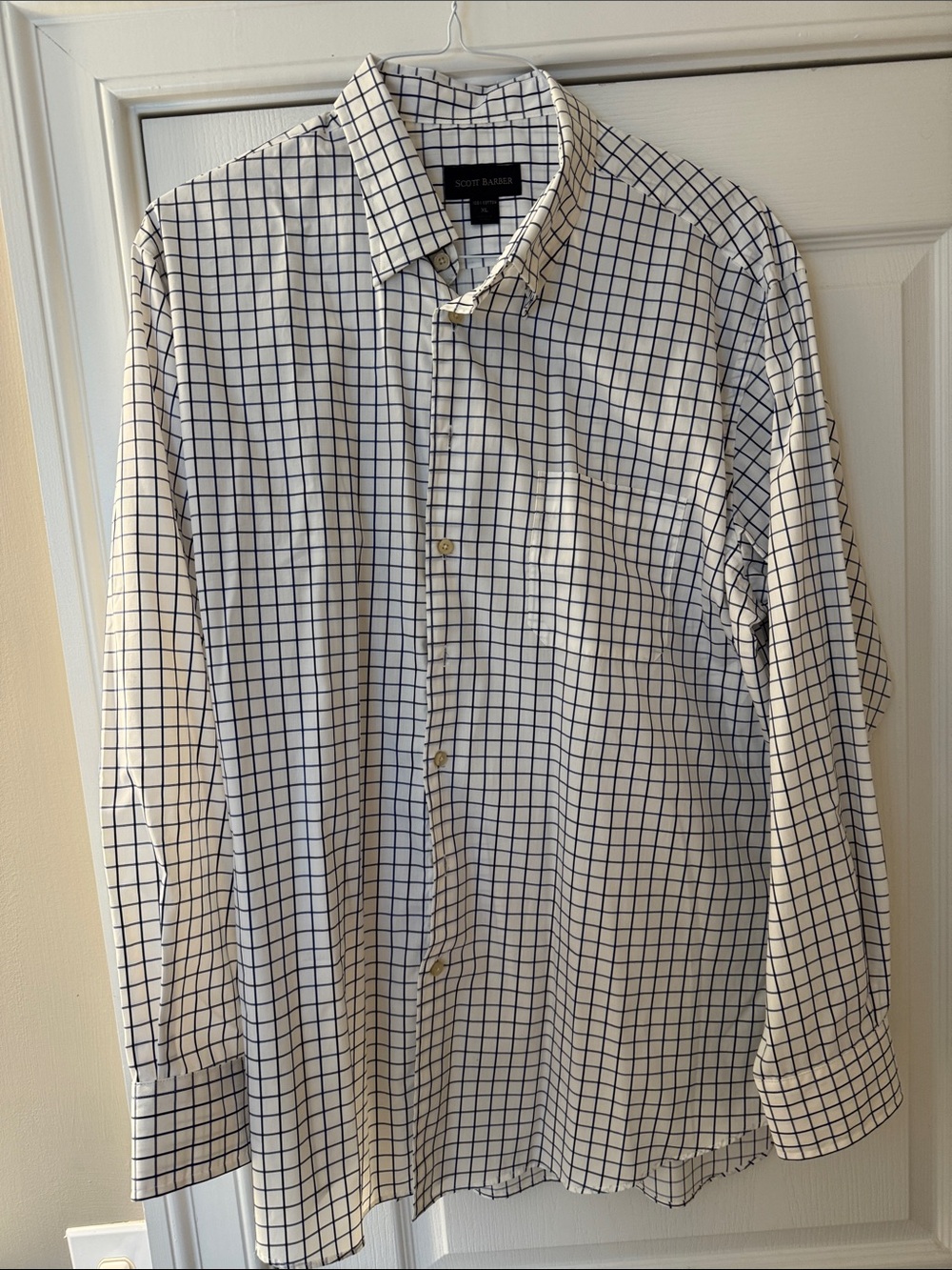 Scott Barber Men's White Button-Down Shirt with Navy Windowpane Check